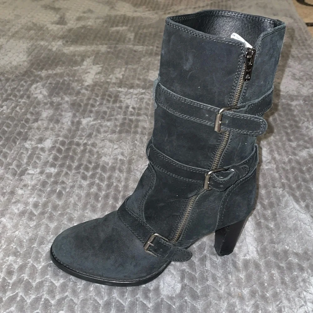 J Crew Miller Suede High-Heel Motorcycle Boot Black Size 8.5 Italy Retail $298‎